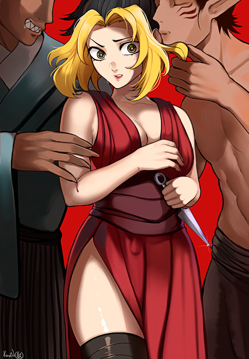 1girl, 2boys, absurdres, black_hair, blonde_hair, dress, forehead, highres