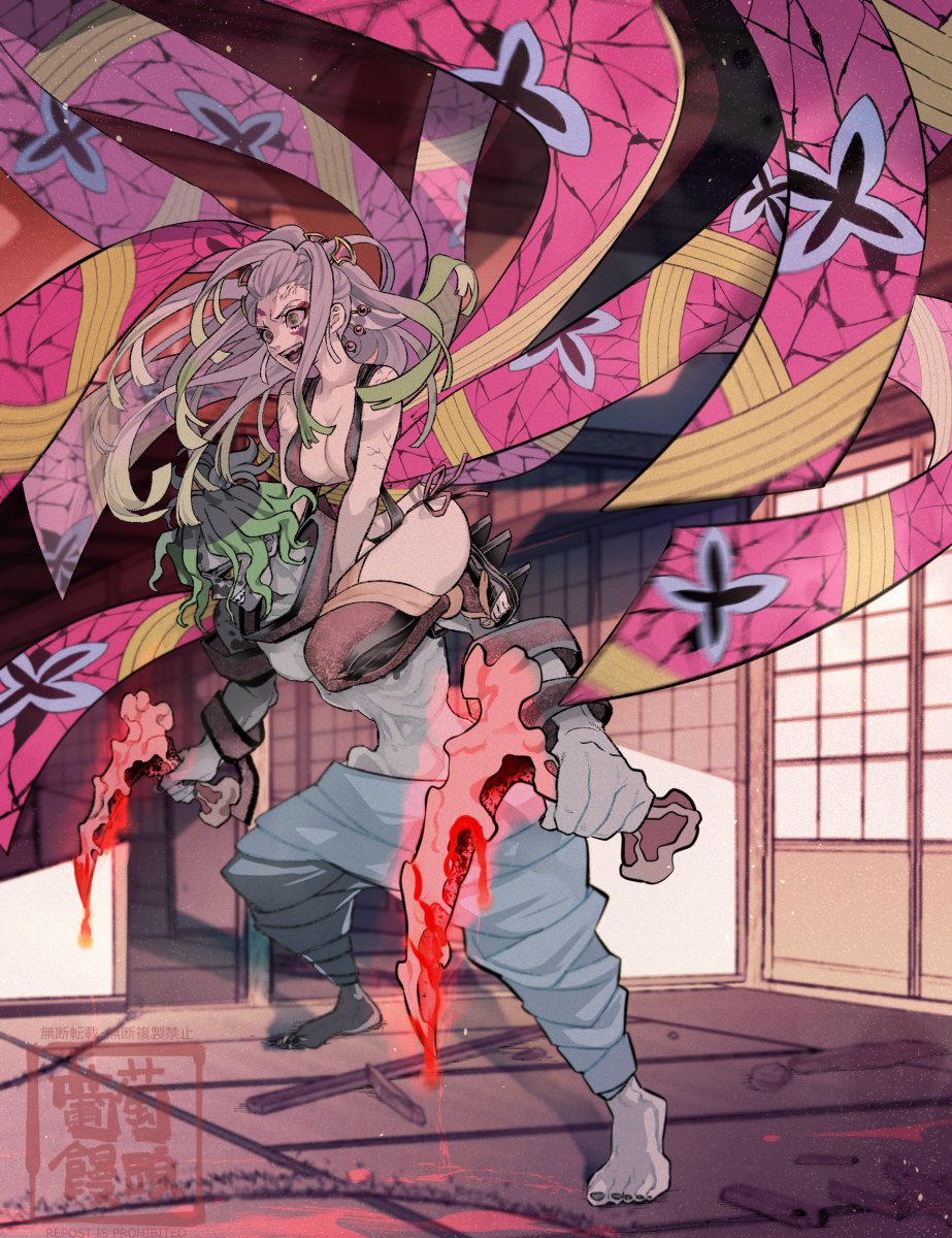 1girl, barefoot, black_hair, breasts, brother_and_sister, c_a_space, daki_(kimetsu_no_yaiba), forehead