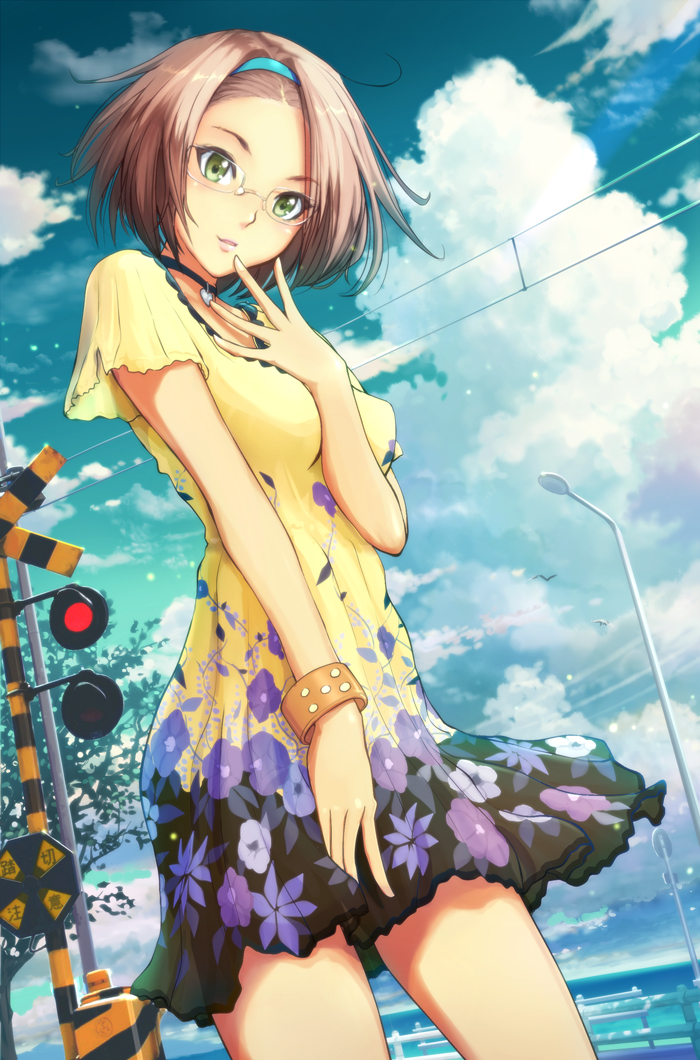 1girl, arm_between_breasts, between_breasts, bird, bracelet, breasts, brown_hair, choker