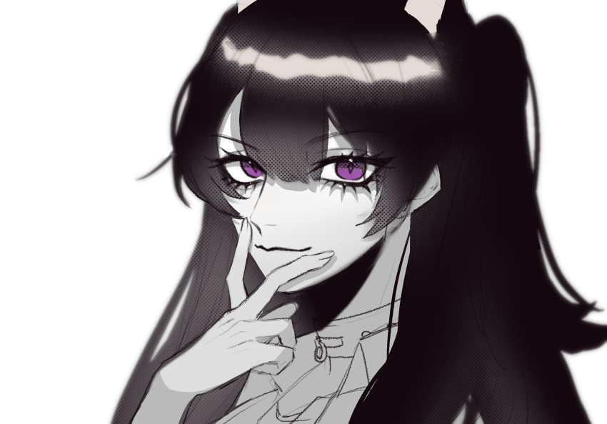 1girl, animal_ears, ares_9979, bangs, cat_ears, collar, collared_shirt, english_commentary