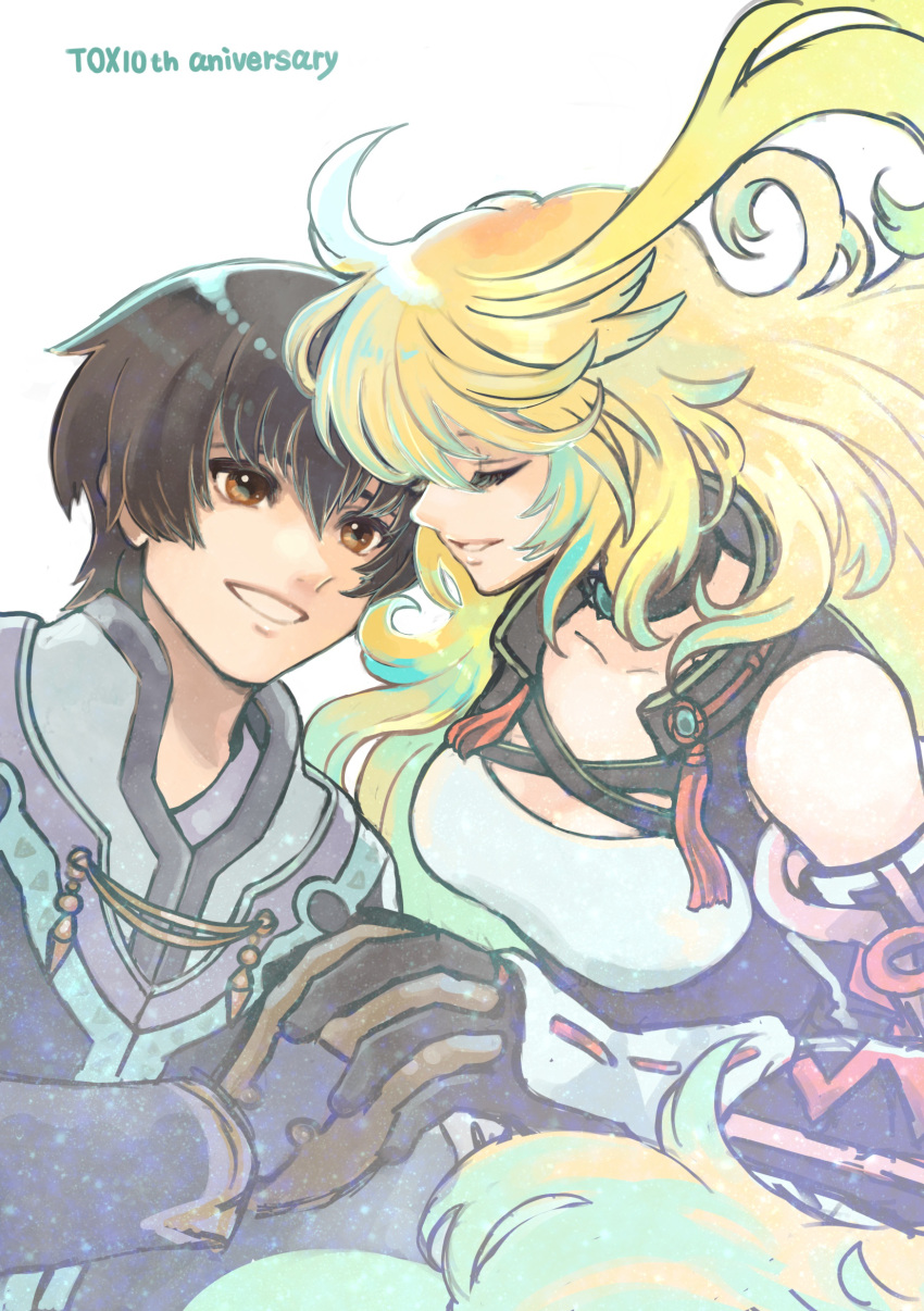 1boy, 1girl, absurdres, ahoge, anniversary, black_hair, blonde_hair, brown_eyes