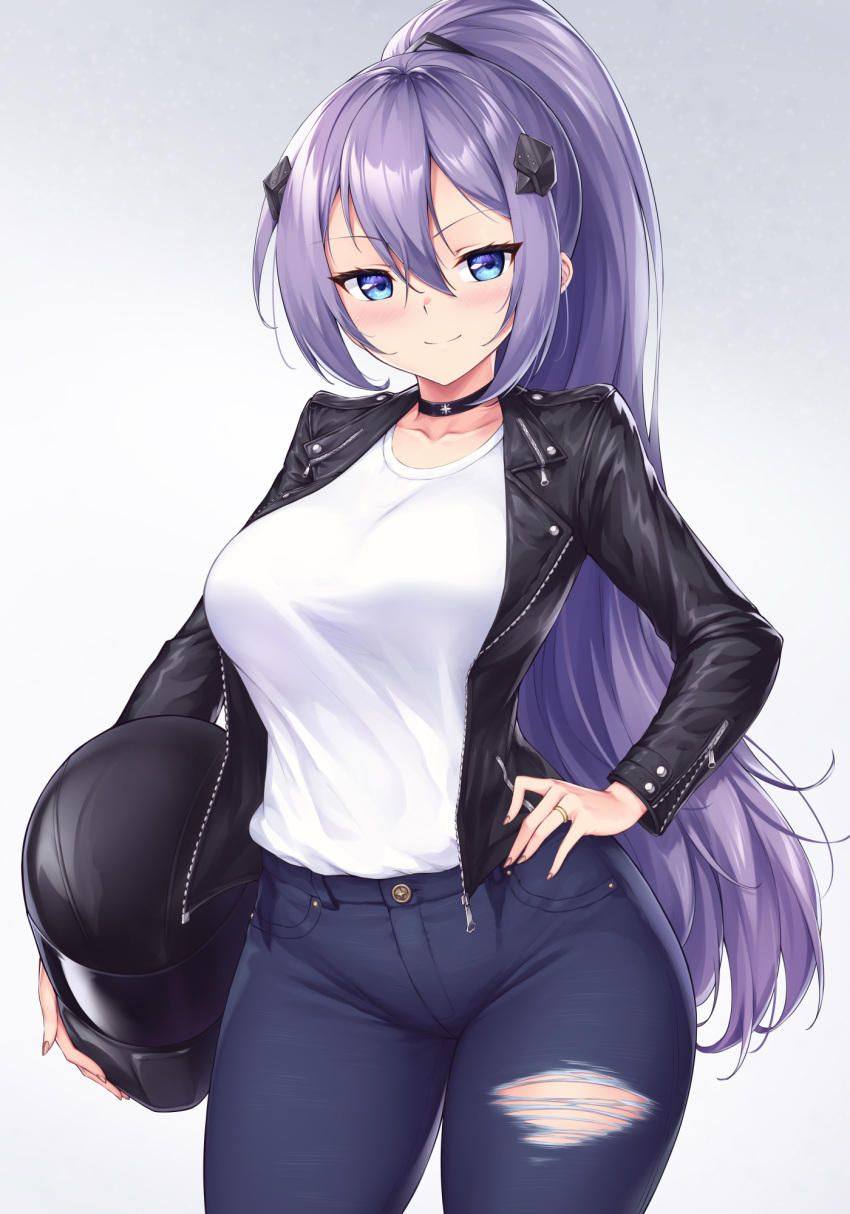 1girl, alternate_costume, alternate_hairstyle, azur_lane, bangs, black_choker, black_jacket, blue_eyes