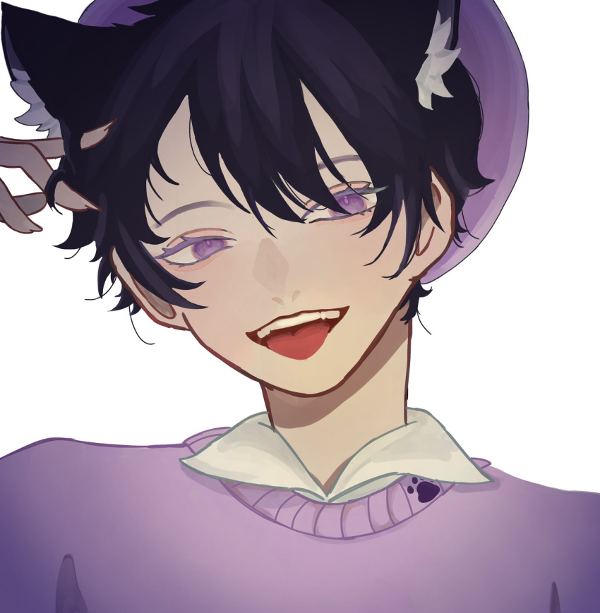 1boy, animal_ear_fluff, animal_ears, bangs, beret, black_hair, cat_boy, cat_ears