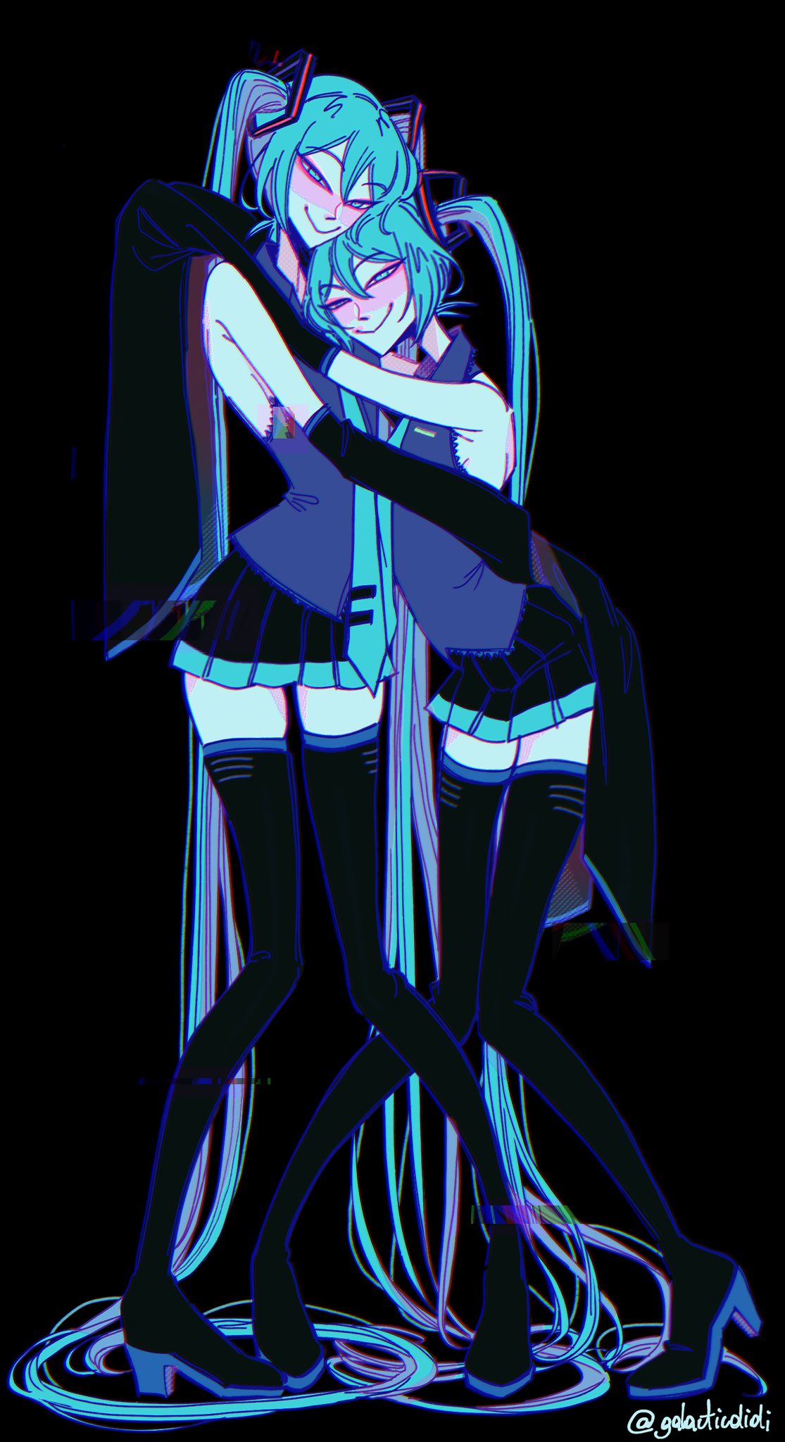 2girls, absurdly_long_hair, black_background, black_footwear, black_skirt, blue_eyes, blue_hair, blue_necktie
