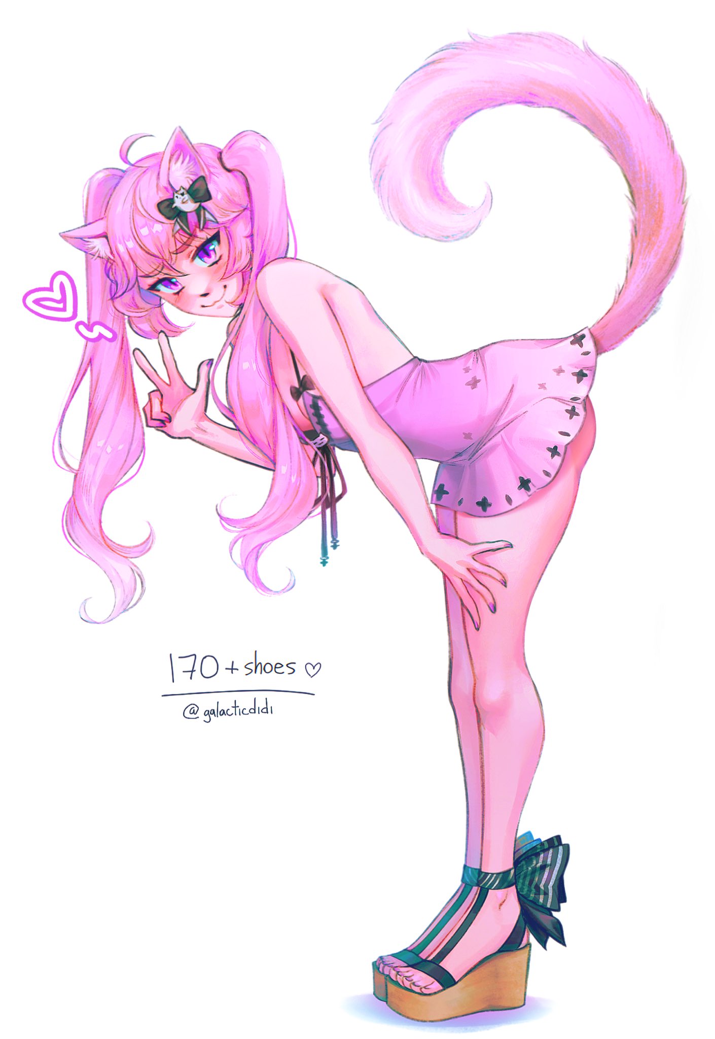 1girl, alternate_costume, animal_ears, bangs, bent_over, black_bow, blush, bow, breasts, cat_ears, cat_tail, didi_(galacticdidi), dress, english_commentary, eyebrows_visible_through_hair, from_side, hair_bow, hand_on_own_thigh, heart, highres, nail_polish, nyatasha_nyanners, pink_dress, platform_footwear, purple_nails, small_breasts, smile, solo, tail, toenail_polish, toenails, twintails, twitter_username, v, violet_eyes, virtual_youtuber, vshojo