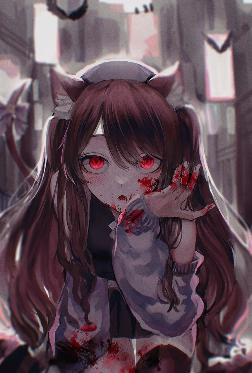 1girl, :o, black_legwear, black_skirt, blood, blood_on_face, blood_on_hands, brown_hair