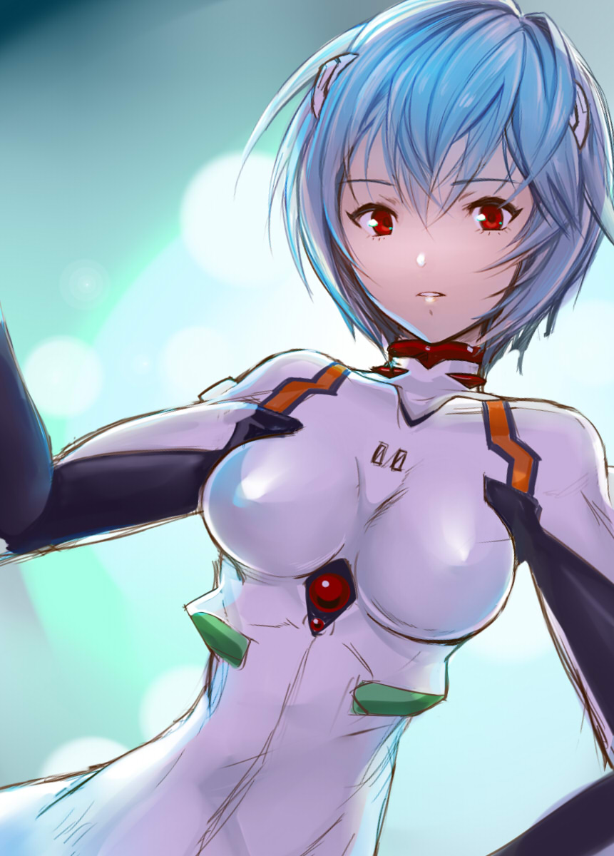 1girl, ayamix1020, ayanami_rei, bangs, blue_hair, blurry, blurry_background, bodysuit