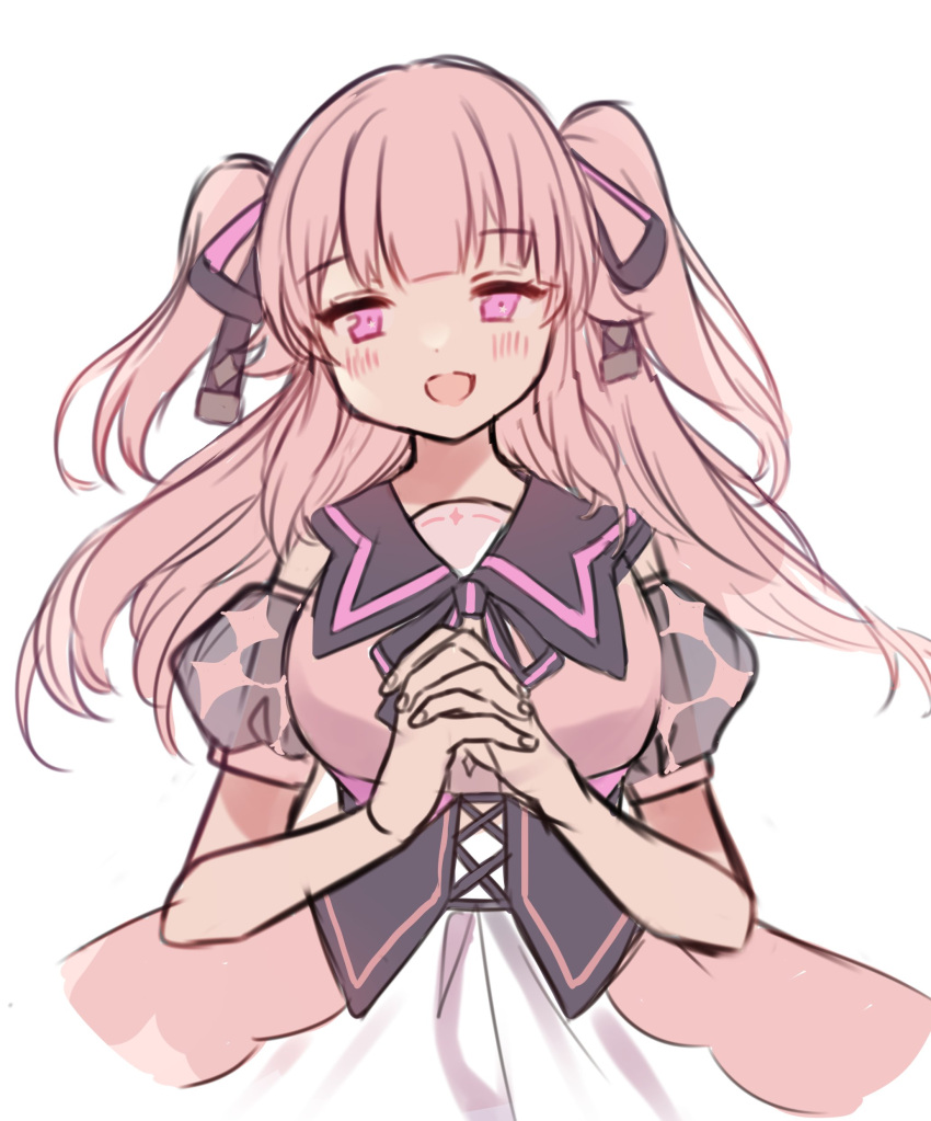 1girl, absurdres, alien, bangs, black_corset, breasts, corset, detached_sleeves, dress, highres, hoshifuri_iku, large_breasts, long_hair, meyo0425, pink_dress, pink_eyes, pink_hair, prism_project, see-through_sleeves, sketch, solo, twintails, two_side_up, virtual_youtuber