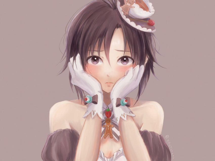 1girl, antenna_hair, artist_name, bangs, bare_shoulders, black_bow, black_dress, black_eyes, black_hair, blush, bow, brown_background, candy, close-up, collar, collarbone, commentary, cup, detached_collar, dress, food, fruit, furrowed_brow, gingerbread_man, glove_bow, gloves, hair_between_eyes, hair_strand, hands_on_own_face, hat, head_rest, highres, idolmaster, iso_(nh15mint), kikuchi_makoto, light_frown, lips, lolita_fashion, lollipop, looking_at_viewer, mini_hat, off-shoulder_dress, off_shoulder, portrait, puffy_sleeves, saucer, short_hair, solo, strawberry, teacup, teatime_happiness_(idolmaster), twitter_username, w_arms, white_collar, white_dress, white_gloves, white_headwear