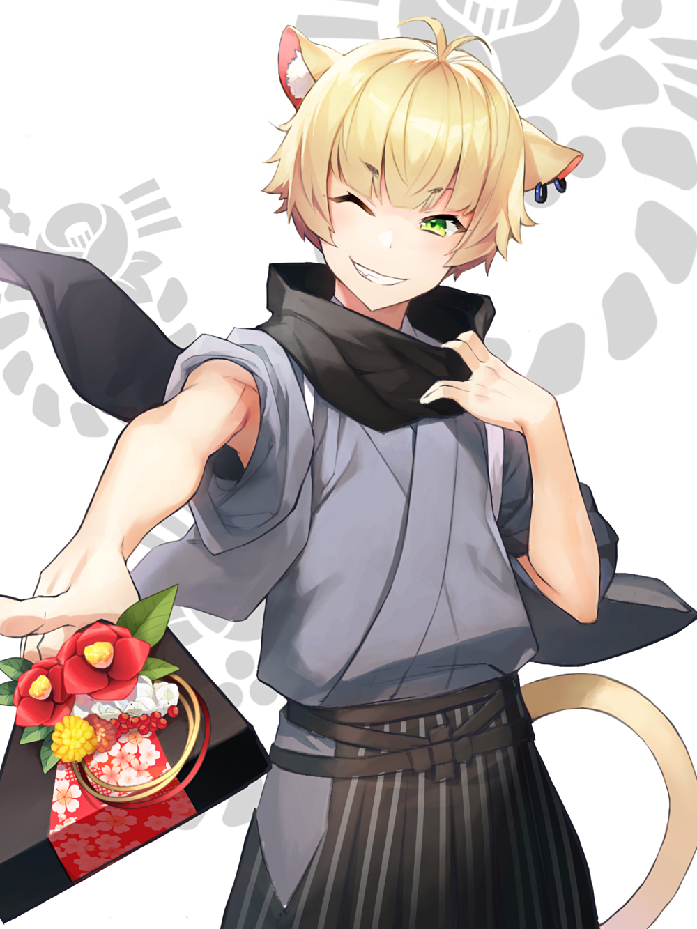 1boy, aguro_re, agushingu!, animal_ears, blonde_hair, bouquet, cat_boy, cat_ears