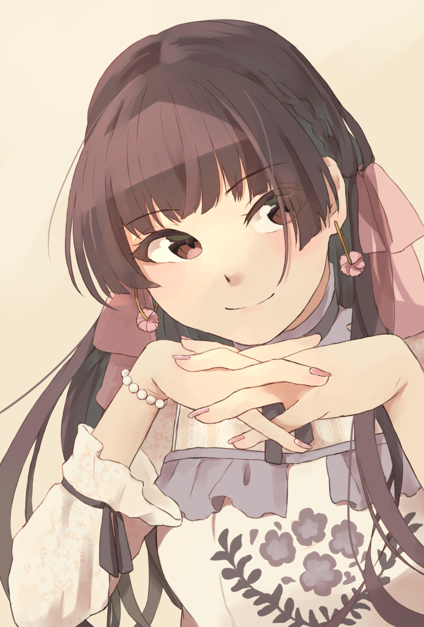 1girl, bangs, black_ribbon, blunt_bangs, bow, braid, brown_background, brown_eyes