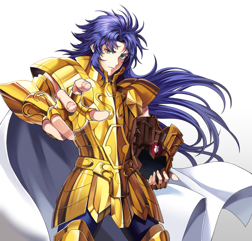 1boy, armor, bangs, blue_hair, breastplate, cape, closed_mouth, commentary