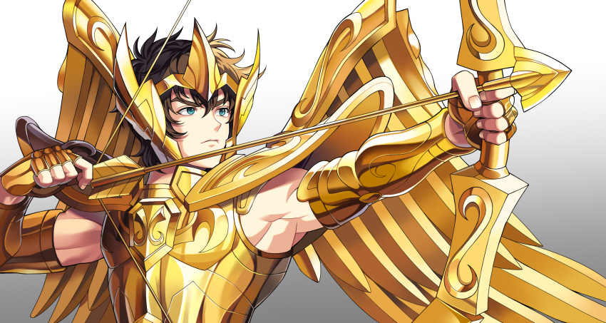 1boy, armor, arrow_(projectile), bangs, blue_eyes, bow_(weapon), breastplate, brown_hair, closed_mouth, commentary_request, drawing_bow, fingernails, from_side, gauntlets, gold_armor, gold_saint, gradient, gradient_background, hair_between_eyes, headgear, highres, holding, holding_arrow, holding_bow_(weapon), holding_weapon, male_focus, metal_wings, mixed-language_commentary, sagittarius_aioros, saint_seiya, serious, short_hair, shoulder_armor, simple_background, solo, upper_body, weapon, wings, yunoo_(cmzkvneld845)
