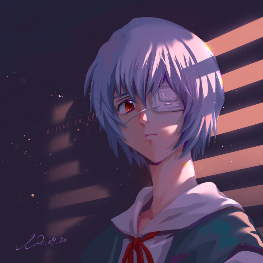 1girl, artist_name, ayanami_rei, bandage_over_one_eye, bangs, blinds, blue_dress, blue_hair