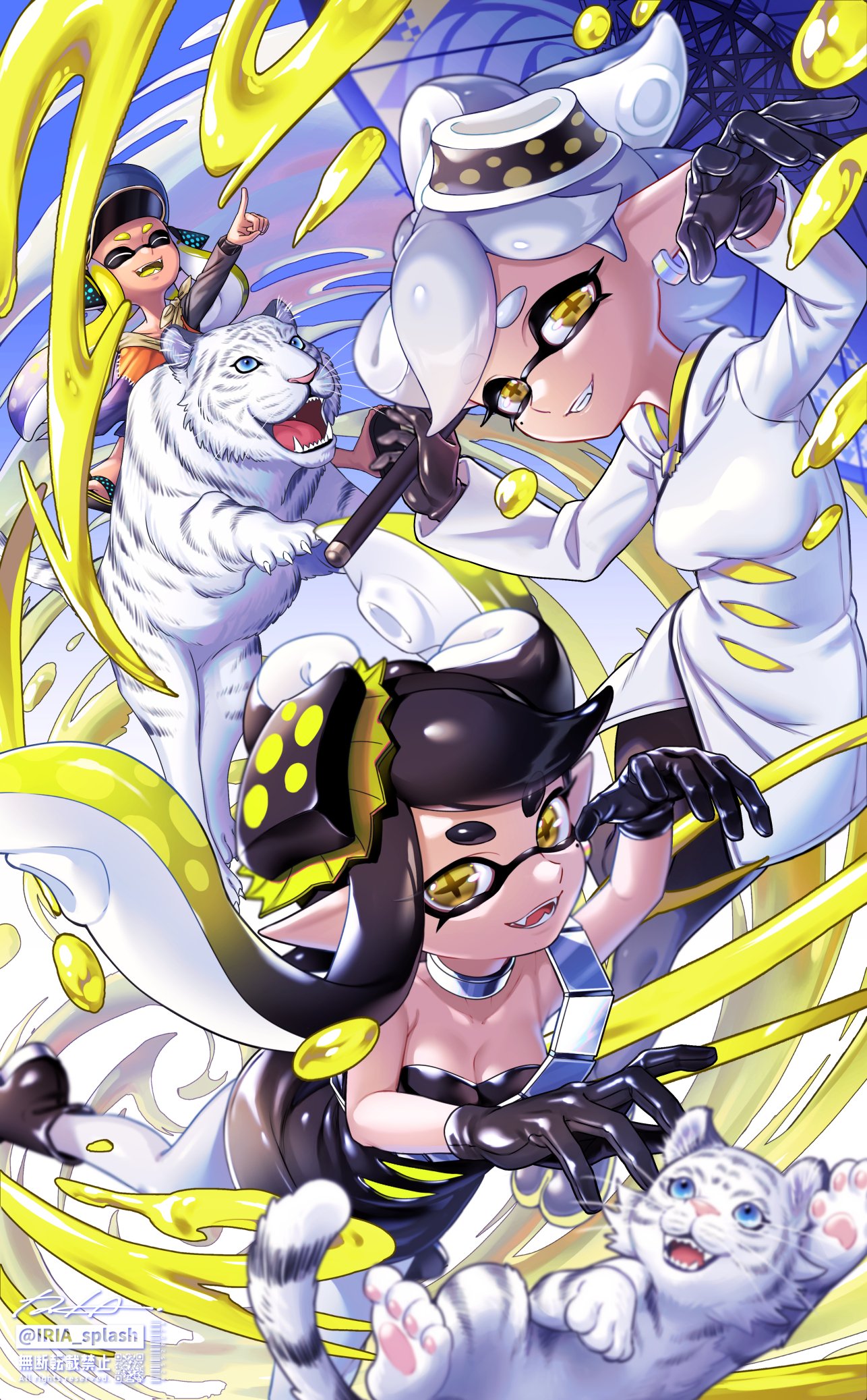 +_+, 3girls, ankle_boots, artist_name, bangs, barcode, black_dress, black_footwear