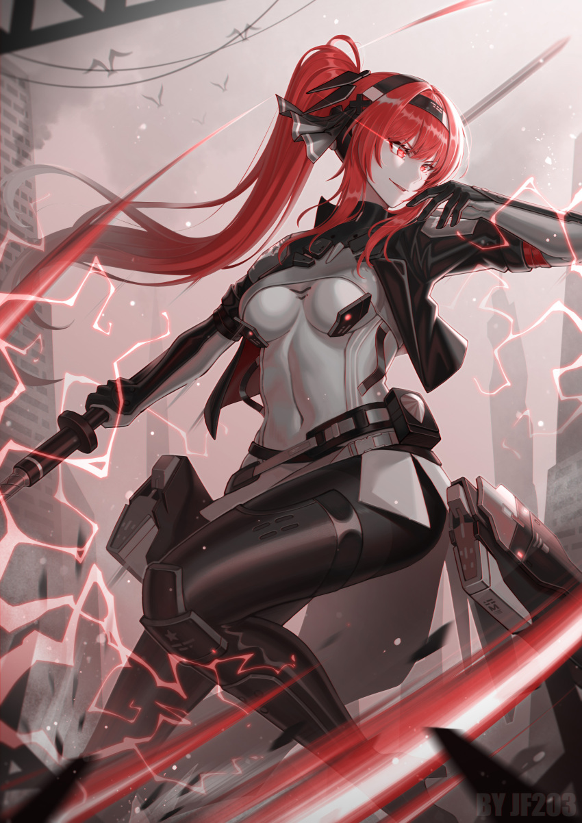 1girl, absurdres, artist_name, bangs, black_hairband, black_jacket, black_ribbon, bodysuit