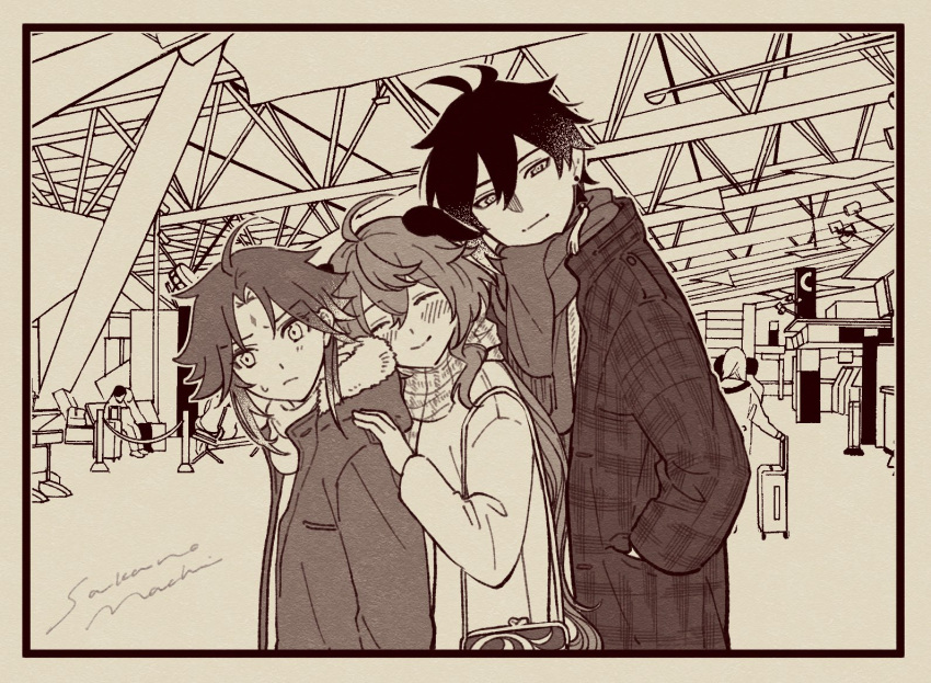 1girl, 2boys, ahoge, alternate_costume, bag, bangs, blush, closed_eyes