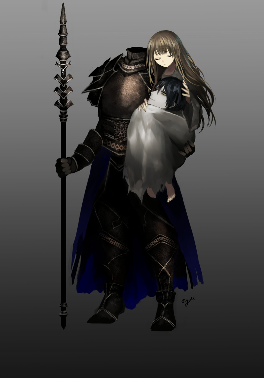 1boy, 1girl, armor, bangs, barefoot, black_hair, brown_hair, child
