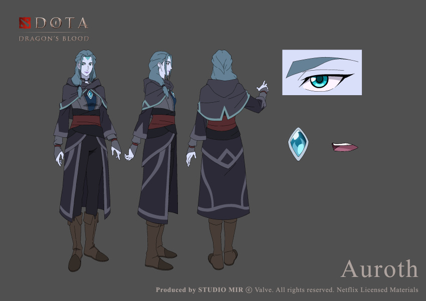 1girl, absurdres, back, black_pants, blue_eyes, blue_hair, blue_robe, blue_skin, boots, brown_footwear, character_name, character_profile, character_sheet, closed_mouth, colored_skin, concept_art, crystal, dota:_dragon's_blood, dota_(series), dota_2, facepaint, forehead, full_body, gem, grey_background, highres, insujoart, long_hair, long_sleeves, looking_at_viewer, multiple_views, official_art, open_mouth, pants, side_ponytail, simple_background, smile, winter_wyvern_(dota)