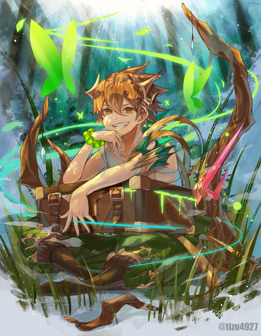 1boy, armband, bad_leg, blurry, blurry_background, boots, box, bracelet
