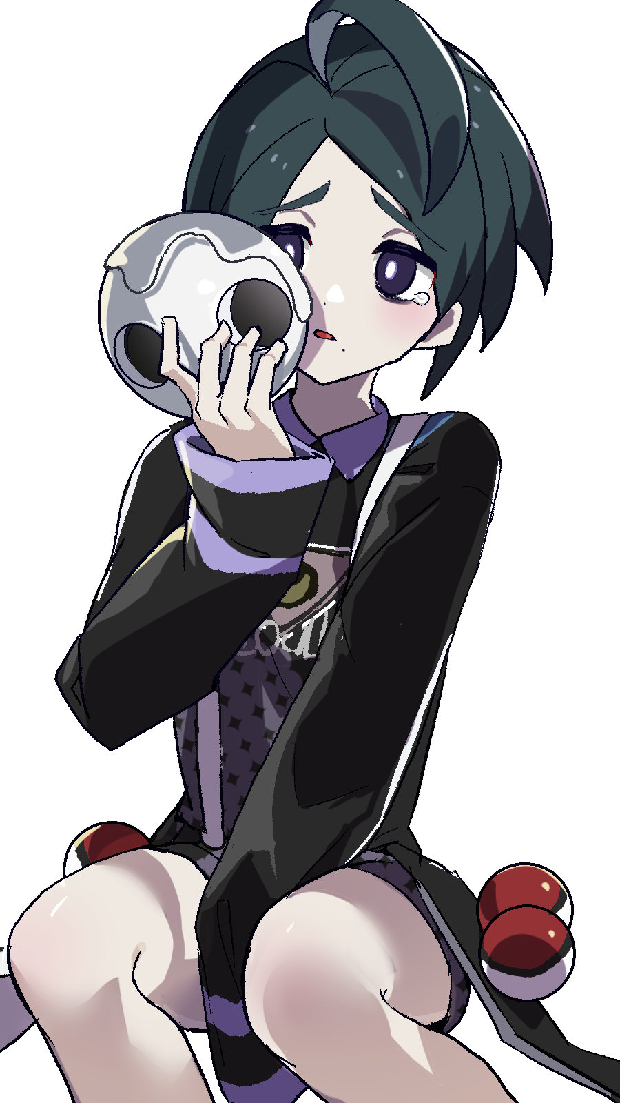1boy, ahoge, allister_(pokemon), bangs, between_legs, black_eyes, black_hair, commentary_request