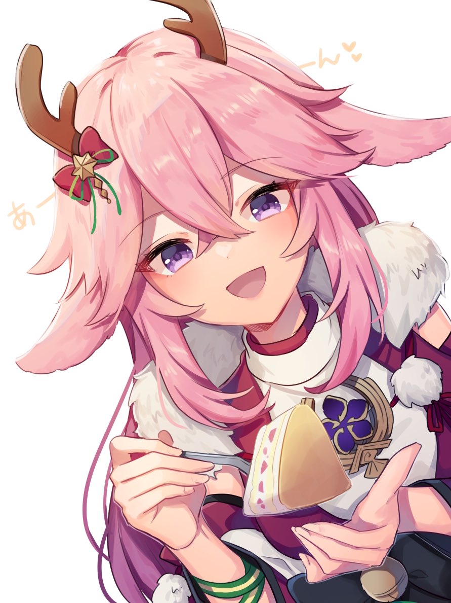 1girl, animal_ears, antlers, bangs, blush, bow, cake, christmas