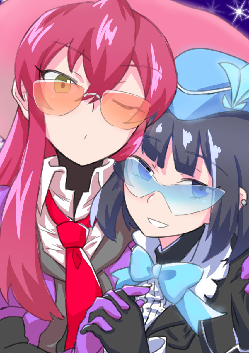 2girls, absurdres, belt, blue_hair, bow, breasts, checkered, checkered_legwear