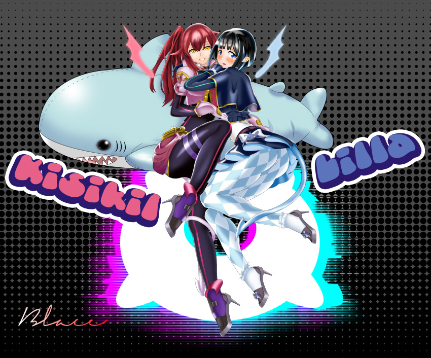2girls, absurdres, belt, blace, blue_hair, bow, breasts, checkered