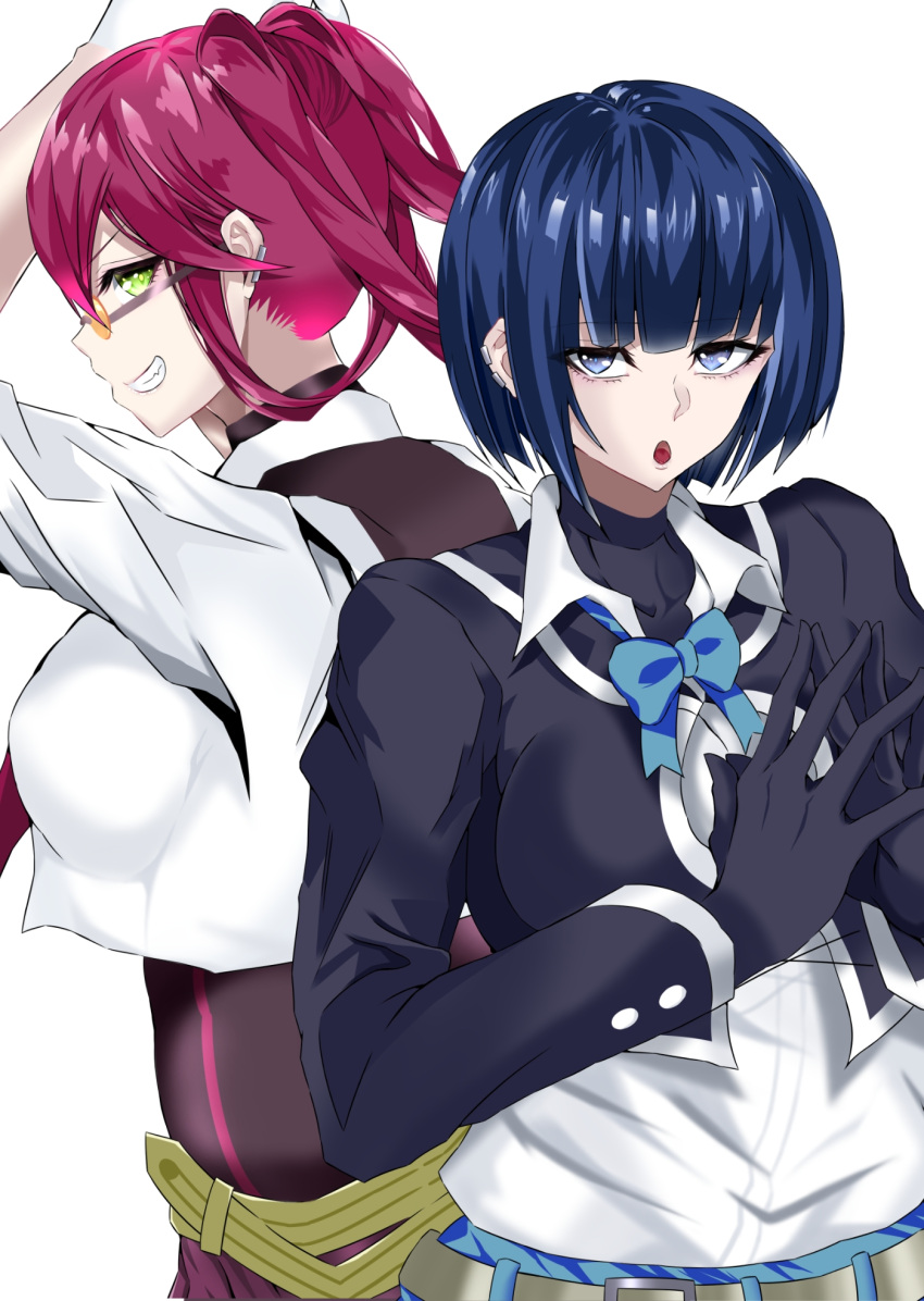 2girls, absurdres, alternate_costume, belt, blue_hair, bow, breasts, checkered