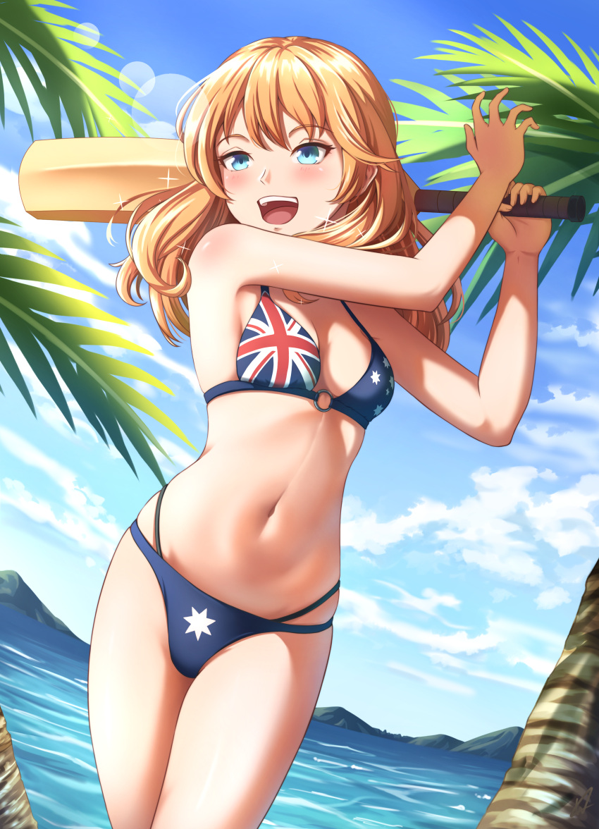 1girl, absurdres, bikini, blander_mc, blonde_hair, blue_bikini, blue_eyes, blue_sky