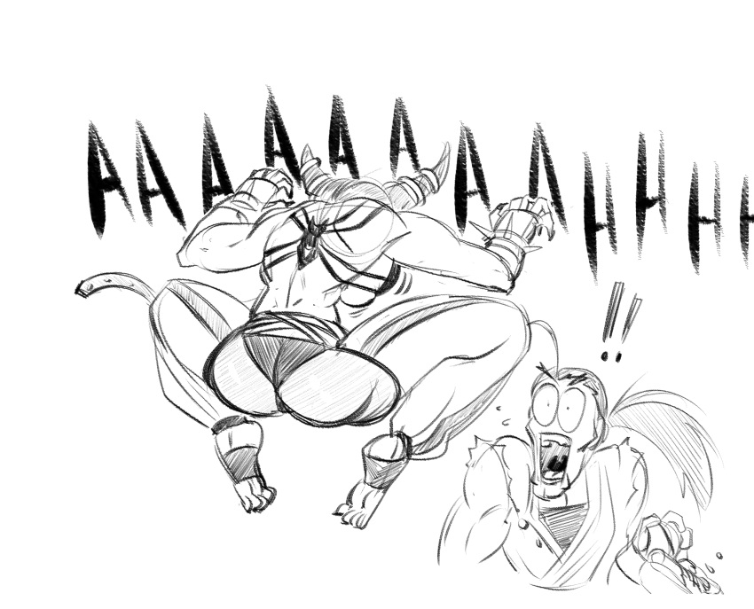 1boy, 1girl, ahoge, ass, baggy_pants, belt, bracelet, breasts, capcom, dimples_of_venus, drill_hair, duo, feet, female, fingerless_gloves, funsexydragonball, gloves, han_juri, hibiki_dan, highres, hot_dog, huge_breasts, jumping, male, monochrome, ponytail, pounce, pouncing, screaming, sharp_fingernails, simple_background, sketch, skindentation, soles, spiked_bracelet, stirrup_legwear, street_fighter, street_fighter_iv, surprised, toes, twin_drills, white_background, wide-eyed