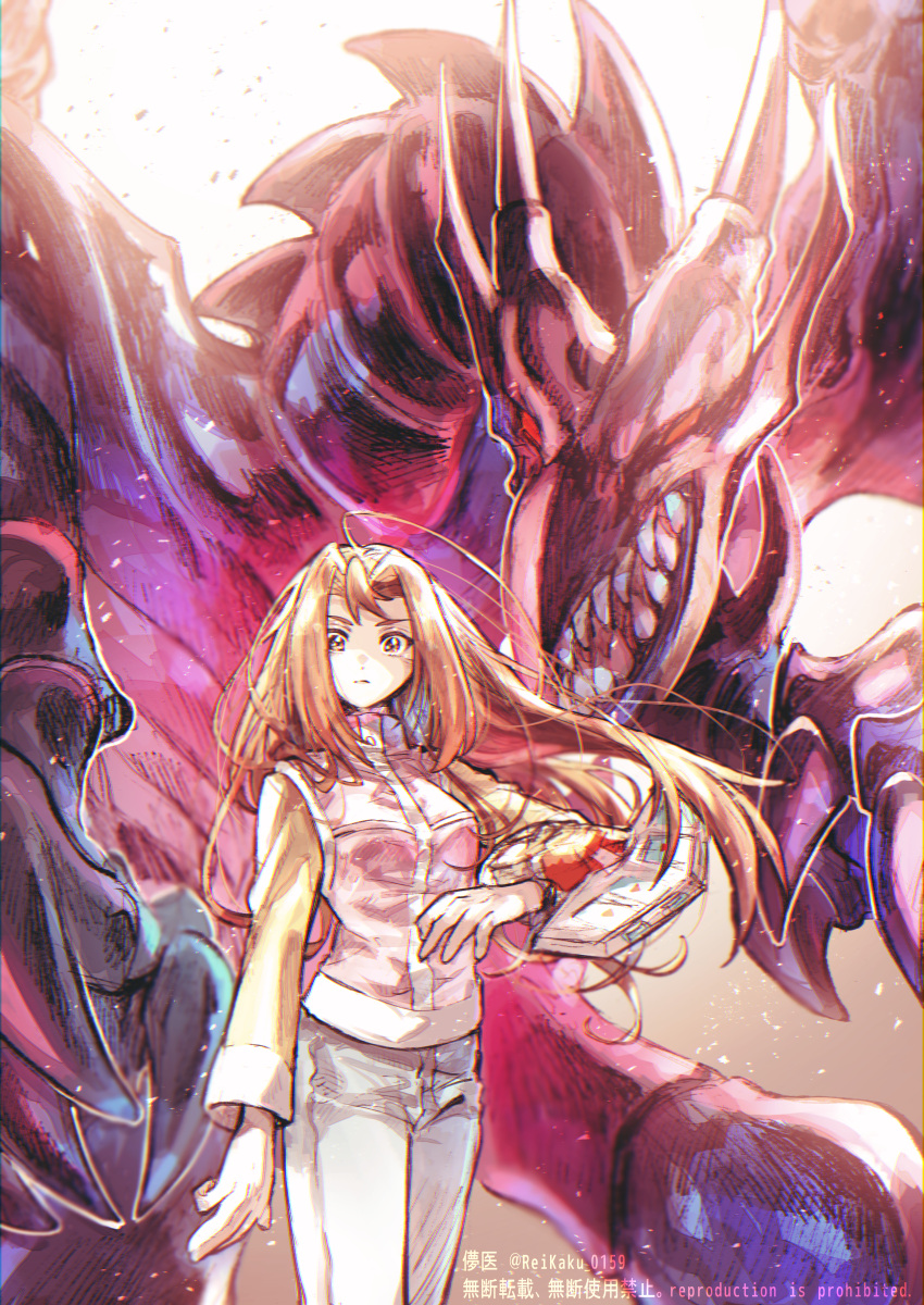 1girl, absurdres, artist_name, bangs, breasts, brown_eyes, brown_hair, chinese_text, closed_mouth, commentary, cowboy_shot, dragon, duel_disk, english_text, eyebrows, highres, kawai_shizuka, legs_together, long_hair, long_sleeves, looking_at_viewer, open_mouth, pants, red-eyes_black_dragon, red_eyes, sharp_teeth, solo, sparkle, standing, sugomori_tsuru_(artist), teeth, vest, vest_over_shirt, white_pants, yu-gi-oh!, yu-gi-oh!_duel_monsters