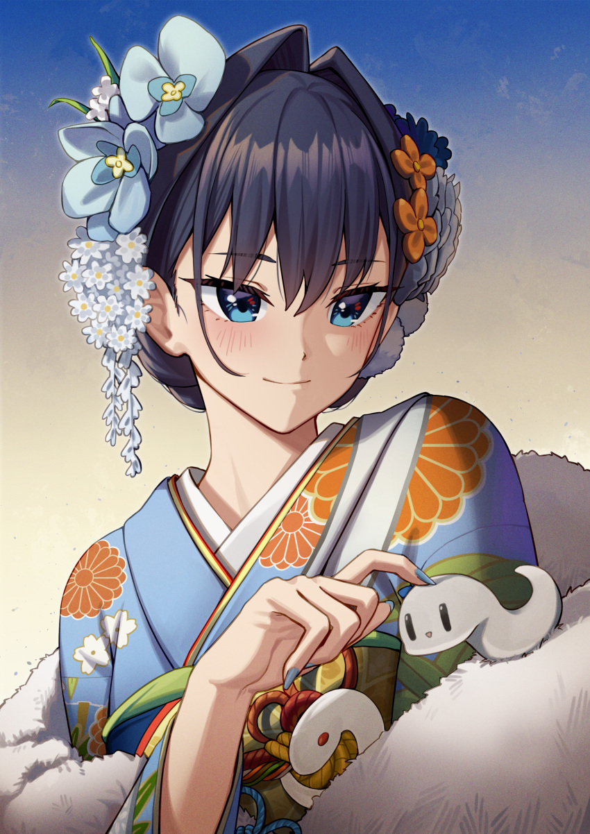 1girl, absurdres, bangs, blue_eyes, blue_hair, blue_kimono, blue_nails, blush