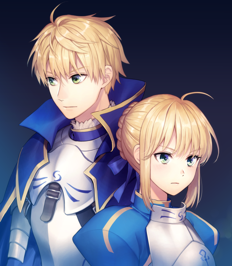 1boy, 1girl, ahegao, armor, arthur_pendragon_(fate), arthur_pendragon_(marchen_madchen), artoria_pendragon_(fate), back-to-back