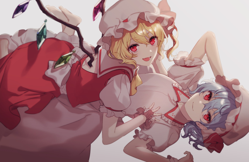 2girls, :d, ap5ry, arms_up, ascot, back_bow, bangs, barefoot