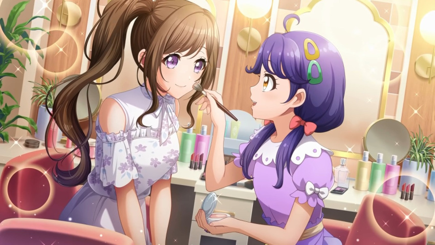 2girls, ahoge, artist_request, bare_arms, bare_legs, black_eyes, black_hair, blush