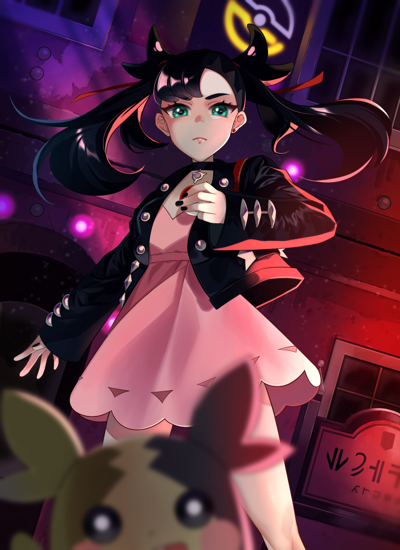 1girl, asymmetrical_bangs, bangs, black_choker, black_hair, black_jacket, black_nails, blurry, blurry_foreground, choker, closed_mouth, commentary_request, dress, earrings, floating_hair, from_below, green_eyes, hair_ribbon, holding, holding_poke_ball, jacket, jewelry, marnie_(pokemon), morpeko, morpeko_(full), nail_polish, neon_lights, open_clothes, open_jacket, pink_dress, poke_ball, poke_ball_(basic), pokemon, pokemon_(creature), pokemon_(game), pokemon_swsh, red_ribbon, ribbon, sakuho_sakutomo, shiny, shiny_hair