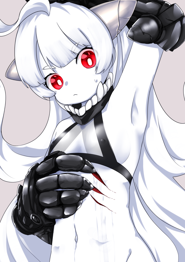 1girl, abyssal_ship, ahoge, armpits, breasts, colored_skin, covered_nipples, eyebrows_visible_through_hair, gauntlets, injury, kantai_collection, long_hair, nassukun, navel, new_battleship_princess, red_eyes, small_breasts, solo, upper_body, white_hair, white_skin