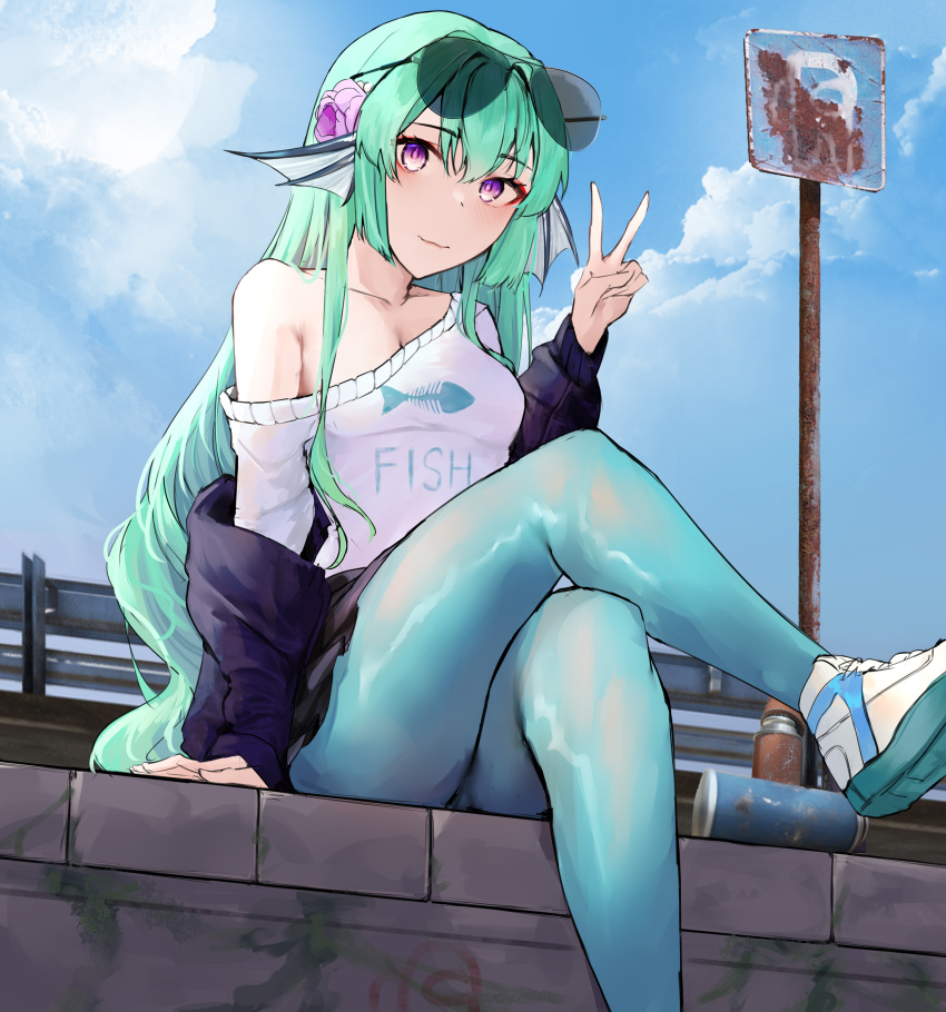 absurdres, black_jacket, blue_legwear, blue_sky, clouds, crossed_legs, eyebrows_visible_through_hair, eyewear_on_head