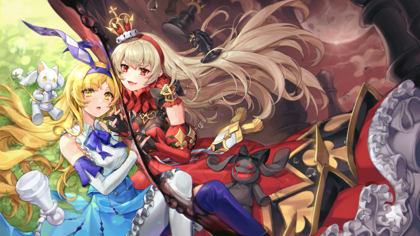 2girls, alice_(masterwork_apocalypse), animal_ears, asymmetrical_legwear, black_gloves, blonde_hair, blue_skirt, breasts