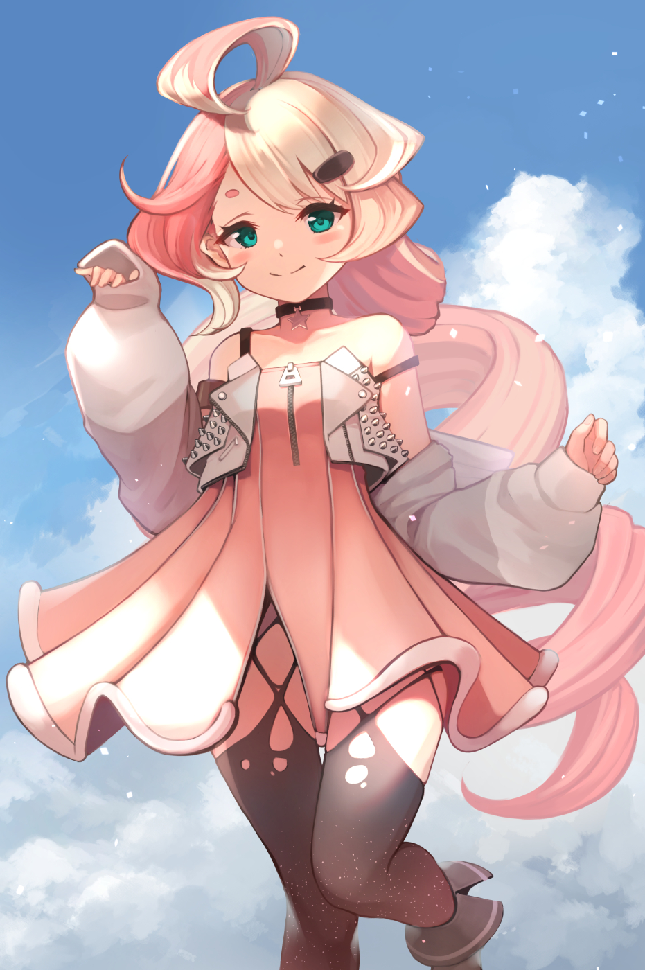 1girl, arm_at_side, bangs, blonde_hair, choker, closed_mouth, clouds, cowengium