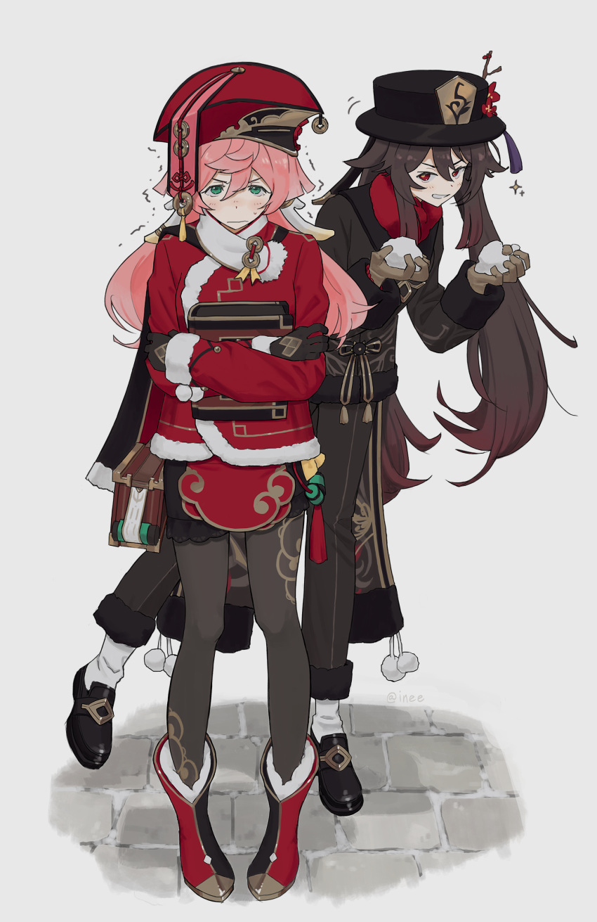 2girls, alternate_costume, antlers, bangs, black_footwear, black_gloves, black_legwear, black_pants, black_skirt, boots, branch, brooch, brown_gloves, brown_hair, chinese_clothes, cobblestone, coin, colored_skin, commentary, contrapposto, embarrassed, flower, flower-shaped_pupils, full_body, fur-trimmed_footwear, fur-trimmed_sleeves, fur_trim, genshin_impact, gloves, grin, hair_between_eyes, hair_ornament, hat, highres, holding, holding_snowball, hu_tao_(genshin_impact), ineesan, jacket, jewelry, long_hair, long_sleeves, mary_janes, multicolored_footwear, multiple_girls, pants, pantyhose, patterned_legwear, pink_hair, plum_blossoms, pom_pom_(clothes), porkpie_hat, red_eyes, red_footwear, red_headwear, red_jacket, red_neckwear, red_scarf, scarf, scroll, shiny_footwear, shoes, skirt, smile, snowball, sparkle, standing, standing_on_one_leg, symbol-only_commentary, symbol-shaped_pupils, tassel, teeth, trembling, twintails, winter_clothes, yanfei_(genshin_impact)