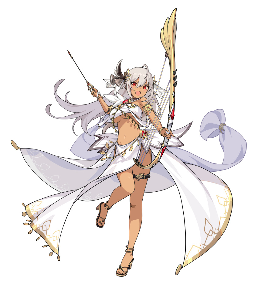 1girl, absurdres, ahoge, bare_shoulders, bow_(weapon), breasts, dancing_archer_tinia, dark_skin, eyebrows_visible_through_hair, full_body, game_cg, guardian_tales, hair_ornament, highres, holding, holding_weapon, long_hair, looking_at_viewer, navel, no_bra, official_art, open_mouth, red_eyes, silver_hair, smile, strapless, thighs, transparent_background, under_boob, weapon, white_hair