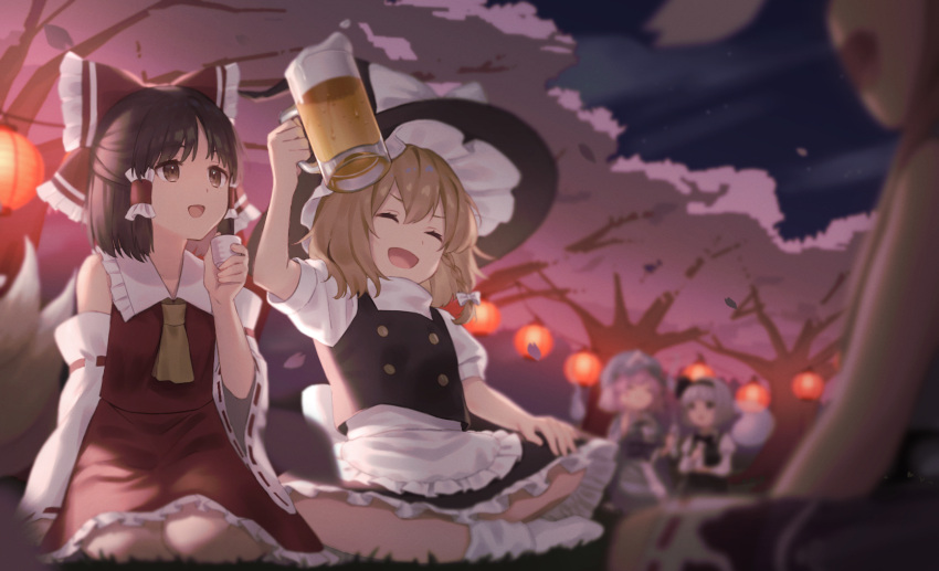 5girls, absurdres, apron, arm_up, ascot, bangs, beer_mug, black_skirt