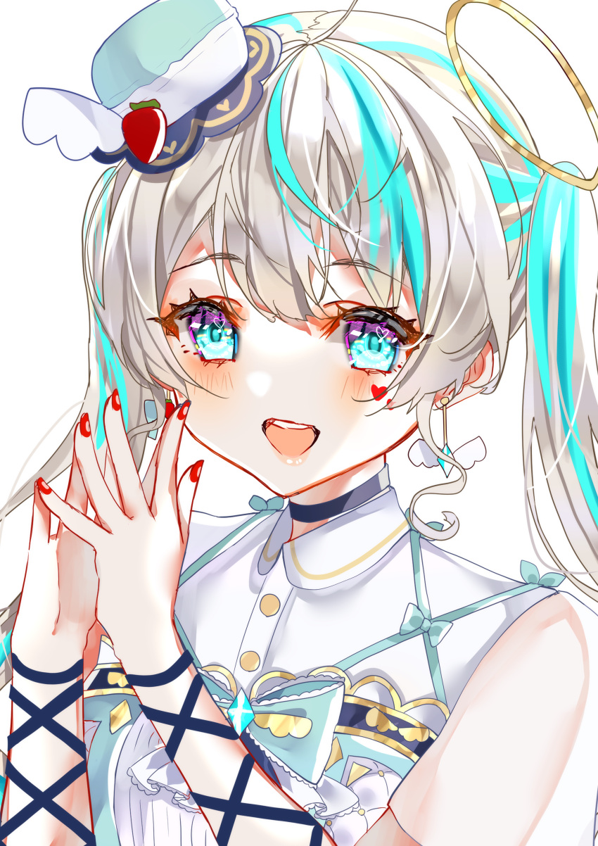 1girl, absurdres, amau_syrup, angel_wings, blue_eyes, blue_hair, earrings, ebimau