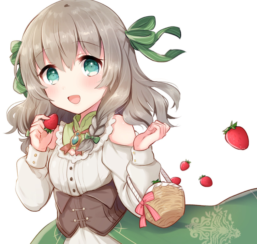 1girl, absurdres, basket, blue_eyes, blush, bow, food, fruit, green_eyes, highres, hisui_sena, i-live, looking_at_viewer, pale_skin, picnic_basket, ribbon, silver_hair, smile, solo, strawberry, umishima_rinta, virtual_youtuber