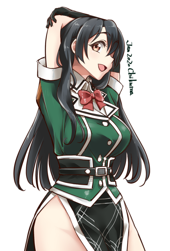 1girl, arms_up, black_eyes, black_gloves, black_hair, breasts, character_name, chikuma_(kancolle)