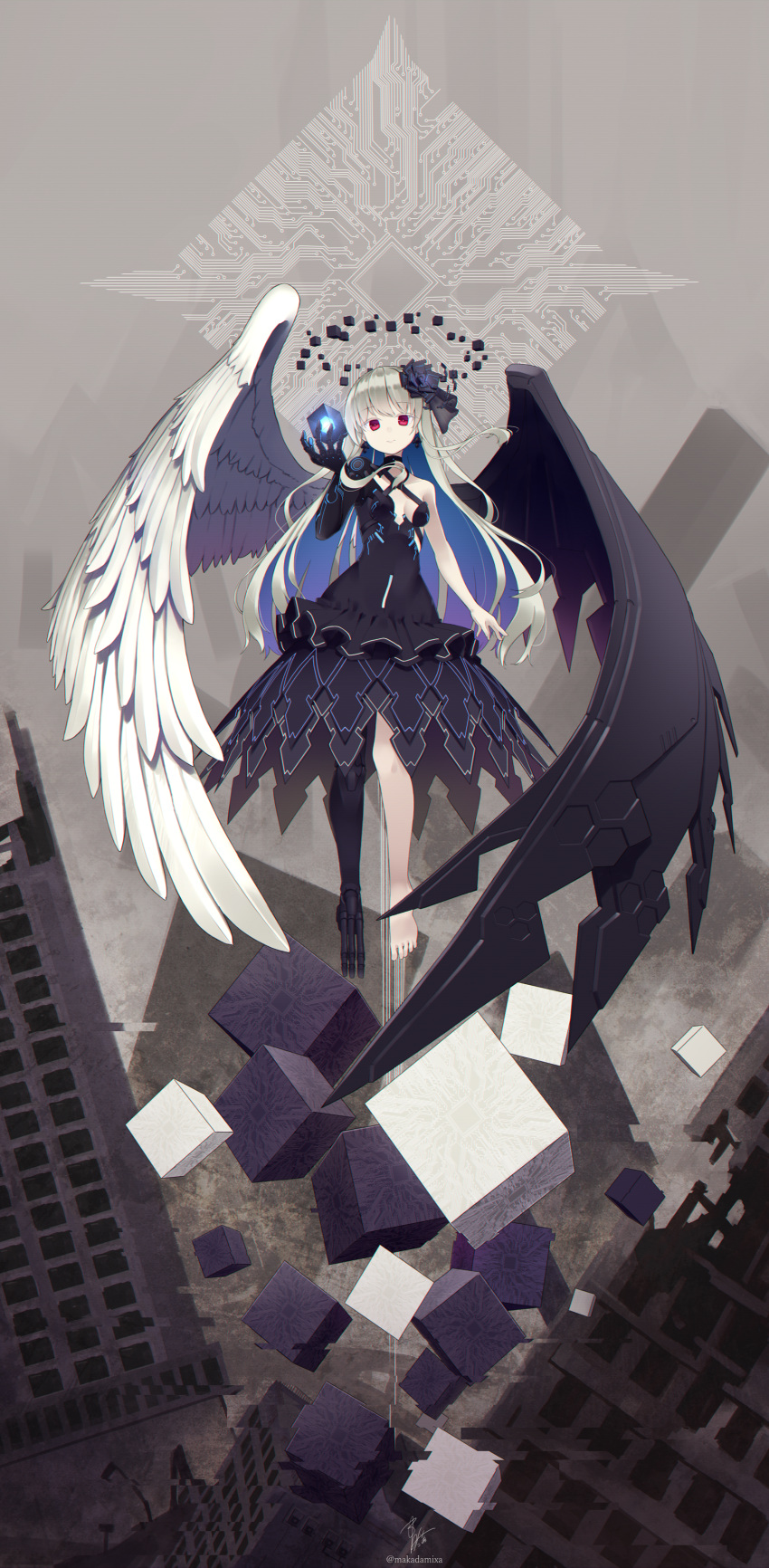 1girl, absurdres, android, bare_shoulders, black_dress, black_wings, blue_hair, breasts