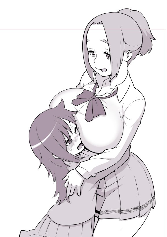 2girls, black_hair, blonde_hair, blush, forehead, glomp, hug, kuroki_tomoko