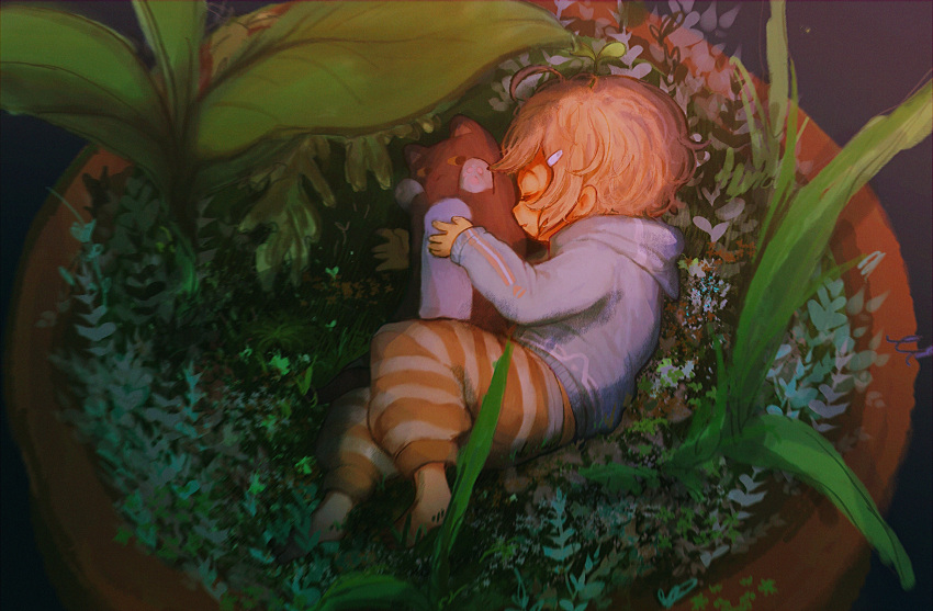 1boy, ahoge, barefoot, blue_hoodie, brown_hair, chibi, closed_eyes, closed_mouth